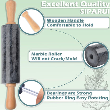 Marble Rolling Pin with Wooden Cradle Thick Handle Set for Baking,18.5 inch Premium Quality Polished Roller for Pizza Dough,Fondant,Pie Crust,Non-Stick Surface Easy to Clean(White)