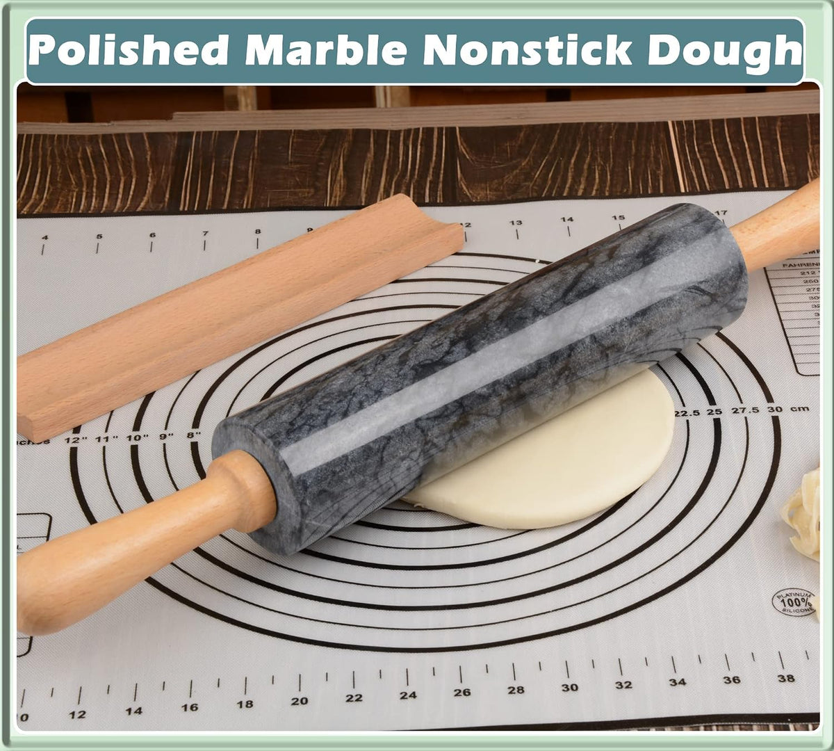 Marble Rolling Pin with Wooden Cradle Thick Handle Set for Baking,18.5 inch Premium Quality Polished Roller for Pizza Dough,Fondant,Pie Crust,Non-Stick Surface Easy to Clean(White)