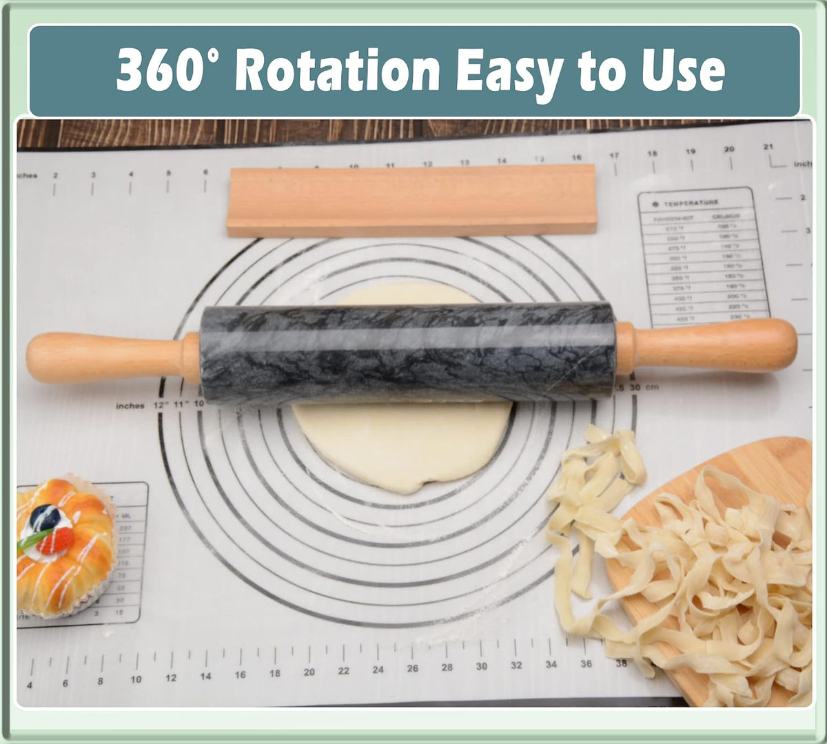 Marble Rolling Pin with Wooden Cradle Thick Handle Set for Baking,18.5 inch Premium Quality Polished Roller for Pizza Dough,Fondant,Pie Crust,Non-Stick Surface Easy to Clean(White)