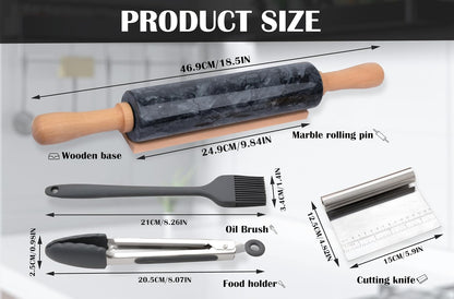 Marble Rolling Pin with Wooden Cradle Thick Handle Set for Baking,18.5 inch Premium Quality Polished Roller for Pizza Dough,Fondant,Pie Crust,Non-Stick Surface Easy to Clean(White)