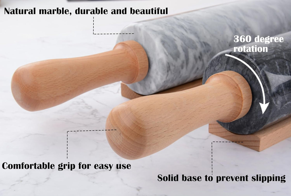 Marble Rolling Pin with Wooden Cradle Thick Handle Set for Baking,18.5 inch Premium Quality Polished Roller for Pizza Dough,Fondant,Pie Crust,Non-Stick Surface Easy to Clean(White)