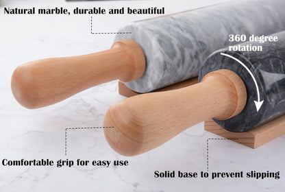 Marble Rolling Pin with Wooden Cradle Thick Handle Set for Baking,18.5 inch Premium Quality Polished Roller for Pizza Dough,Fondant,Pie Crust,Non-Stick Surface Easy to Clean(White)