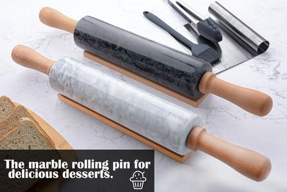 Marble Rolling Pin with Wooden Cradle Thick Handle Set for Baking,18.5 inch Premium Quality Polished Roller for Pizza Dough,Fondant,Pie Crust,Non-Stick Surface Easy to Clean(White)