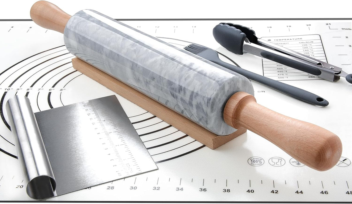 Marble Rolling Pin with Wooden Cradle Thick Handle Set for Baking,18.5 inch Premium Quality Polished Roller for Pizza Dough,Fondant,Pie Crust,Non-Stick Surface Easy to Clean(White)