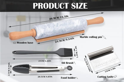 Marble Rolling Pin with Wooden Cradle Thick Handle Set for Baking,18.5 inch Premium Quality Polished Roller for Pizza Dough,Fondant,Pie Crust,Non-Stick Surface Easy to Clean(White)