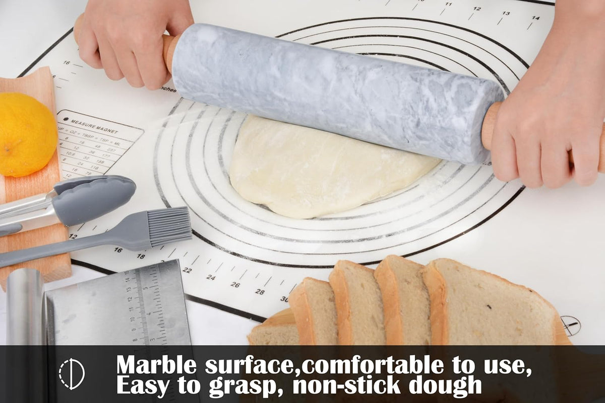 Marble Rolling Pin with Wooden Cradle Thick Handle Set for Baking,18.5 inch Premium Quality Polished Roller for Pizza Dough,Fondant,Pie Crust,Non-Stick Surface Easy to Clean(White)