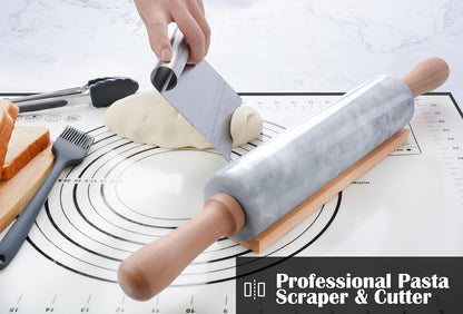 Marble Rolling Pin with Wooden Cradle Thick Handle Set for Baking,18.5 inch Premium Quality Polished Roller for Pizza Dough,Fondant,Pie Crust,Non-Stick Surface Easy to Clean(White)