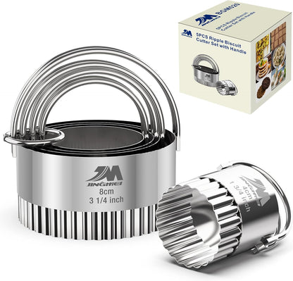 5 Pieces Circle Biscuit Cutter,Professional Stainless Steel Round Cookies Mold Tool with Handle for Baking GIFT Package