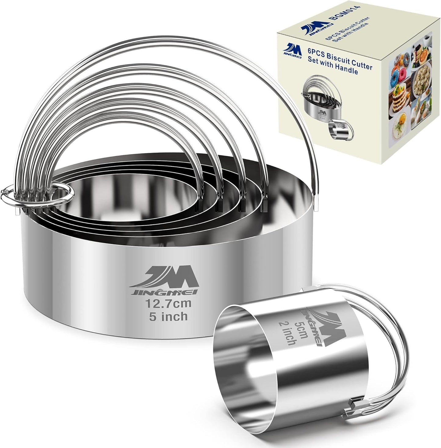 5 Pieces Circle Biscuit Cutter,Professional Stainless Steel Round Cookies Mold Tool with Handle for Baking GIFT Package
