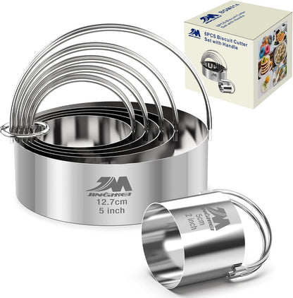 5 Pieces Circle Biscuit Cutter,Professional Stainless Steel Round Cookies Mold Tool with Handle for Baking GIFT Package