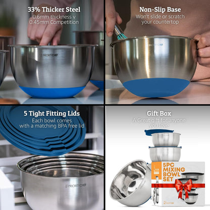 Premium Mixing Bowls With Lids Set, Airtight Lids, Thicker Stainless Steel, Non-Slip Base, 5 Nesting Steel Bowls for Kitchen, Large Prep Metal Bowl Set 1.5/2/3/4/5 Qt, Black