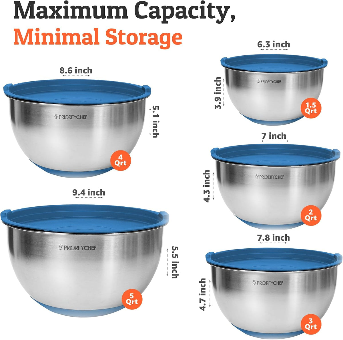 Premium Mixing Bowls With Lids Set, Airtight Lids, Thicker Stainless Steel, Non-Slip Base, 5 Nesting Steel Bowls for Kitchen, Large Prep Metal Bowl Set 1.5/2/3/4/5 Qt, Black