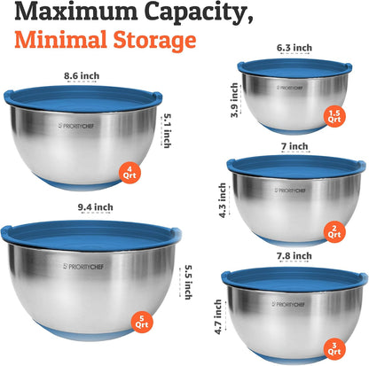Premium Mixing Bowls With Lids Set, Airtight Lids, Thicker Stainless Steel, Non-Slip Base, 5 Nesting Steel Bowls for Kitchen, Large Prep Metal Bowl Set 1.5/2/3/4/5 Qt, Black