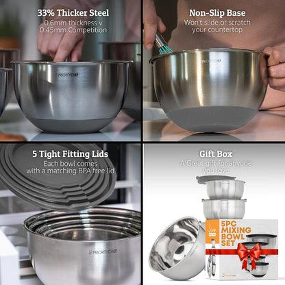 Premium Mixing Bowls With Lids Set, Airtight Lids, Thicker Stainless Steel, Non-Slip Base, 5 Nesting Steel Bowls for Kitchen, Large Prep Metal Bowl Set 1.5/2/3/4/5 Qt, Black