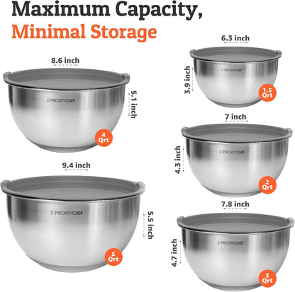 Premium Mixing Bowls With Lids Set, Airtight Lids, Thicker Stainless Steel, Non-Slip Base, 5 Nesting Steel Bowls for Kitchen, Large Prep Metal Bowl Set 1.5/2/3/4/5 Qt, Black