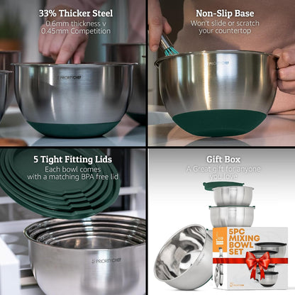 Premium Mixing Bowls With Lids Set, Airtight Lids, Thicker Stainless Steel, Non-Slip Base, 5 Nesting Steel Bowls for Kitchen, Large Prep Metal Bowl Set 1.5/2/3/4/5 Qt, Black