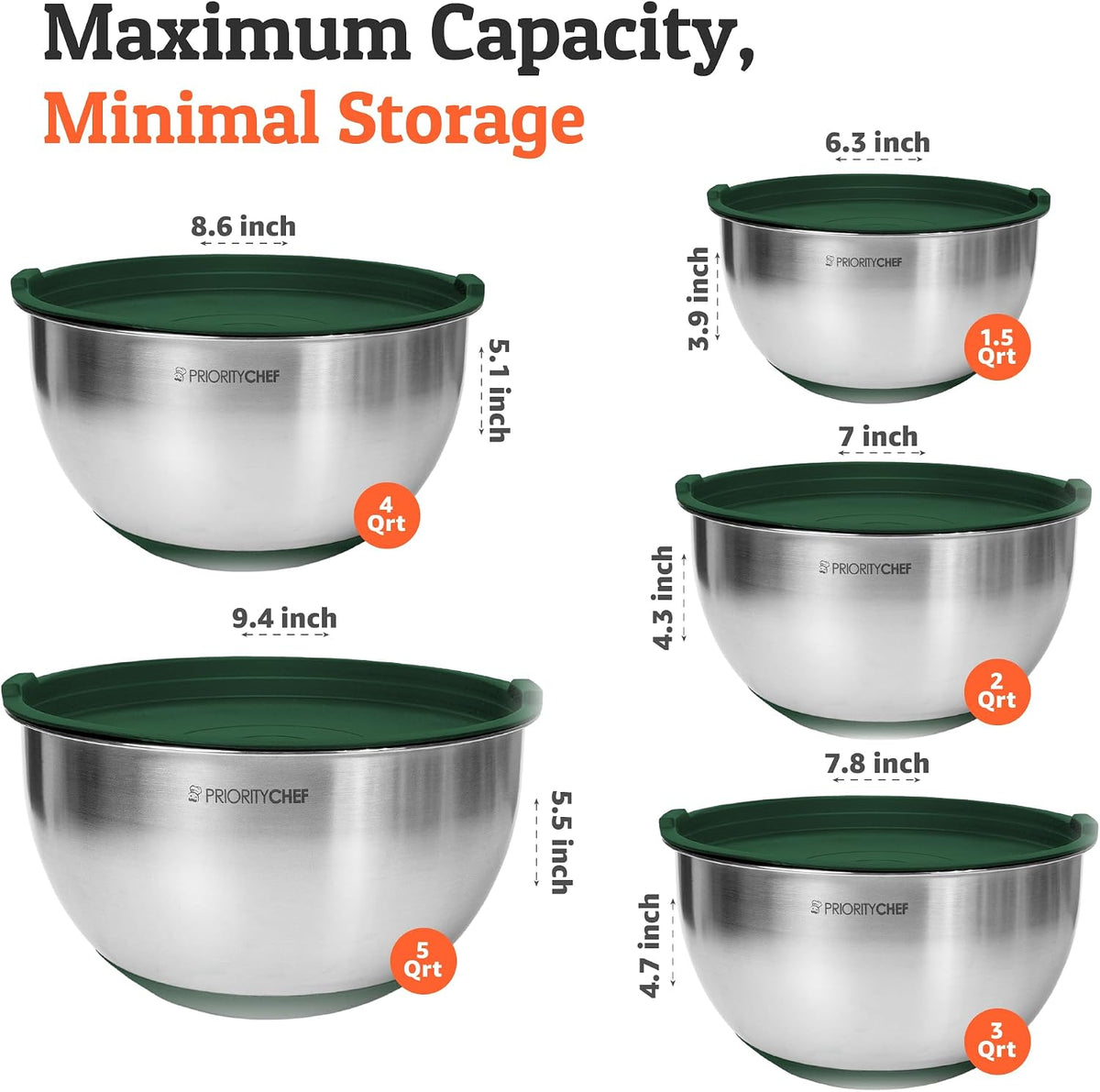 Premium Mixing Bowls With Lids Set, Airtight Lids, Thicker Stainless Steel, Non-Slip Base, 5 Nesting Steel Bowls for Kitchen, Large Prep Metal Bowl Set 1.5/2/3/4/5 Qt, Black