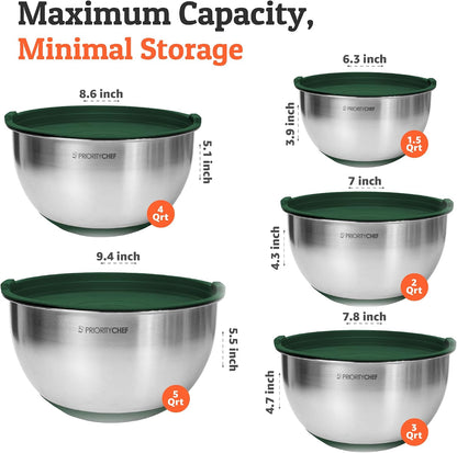 Premium Mixing Bowls With Lids Set, Airtight Lids, Thicker Stainless Steel, Non-Slip Base, 5 Nesting Steel Bowls for Kitchen, Large Prep Metal Bowl Set 1.5/2/3/4/5 Qt, Black