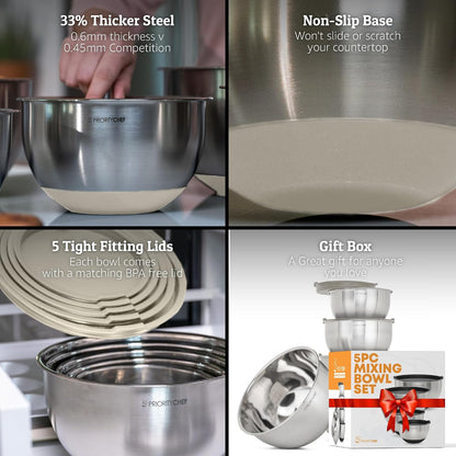 Premium Mixing Bowls With Lids Set, Airtight Lids, Thicker Stainless Steel, Non-Slip Base, 5 Nesting Steel Bowls for Kitchen, Large Prep Metal Bowl Set 1.5/2/3/4/5 Qt, Black