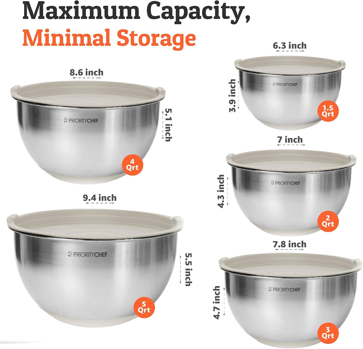 Premium Mixing Bowls With Lids Set, Airtight Lids, Thicker Stainless Steel, Non-Slip Base, 5 Nesting Steel Bowls for Kitchen, Large Prep Metal Bowl Set 1.5/2/3/4/5 Qt, Black