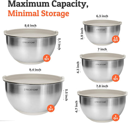 Premium Mixing Bowls With Lids Set, Airtight Lids, Thicker Stainless Steel, Non-Slip Base, 5 Nesting Steel Bowls for Kitchen, Large Prep Metal Bowl Set 1.5/2/3/4/5 Qt, Black