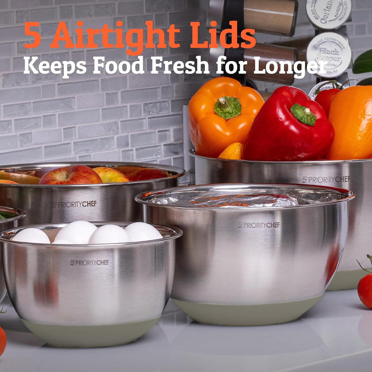 Premium Mixing Bowls With Lids Set, Airtight Lids, Thicker Stainless Steel, Non-Slip Base, 5 Nesting Steel Bowls for Kitchen, Large Prep Metal Bowl Set 1.5/2/3/4/5 Qt, Black