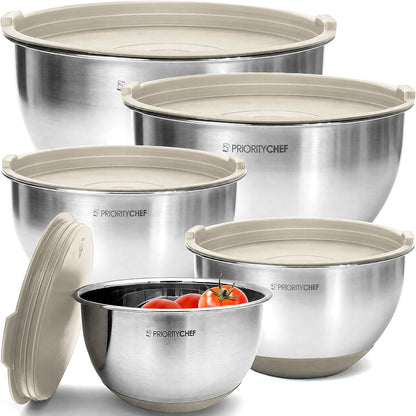 Premium Mixing Bowls With Lids Set, Airtight Lids, Thicker Stainless Steel, Non-Slip Base, 5 Nesting Steel Bowls for Kitchen, Large Prep Metal Bowl Set 1.5/2/3/4/5 Qt, Black