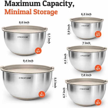 Premium Mixing Bowls With Lids Set, Airtight Lids, Thicker Stainless Steel, Non-Slip Base, 5 Nesting Steel Bowls for Kitchen, Large Prep Metal Bowl Set 1.5/2/3/4/5 Qt, Black