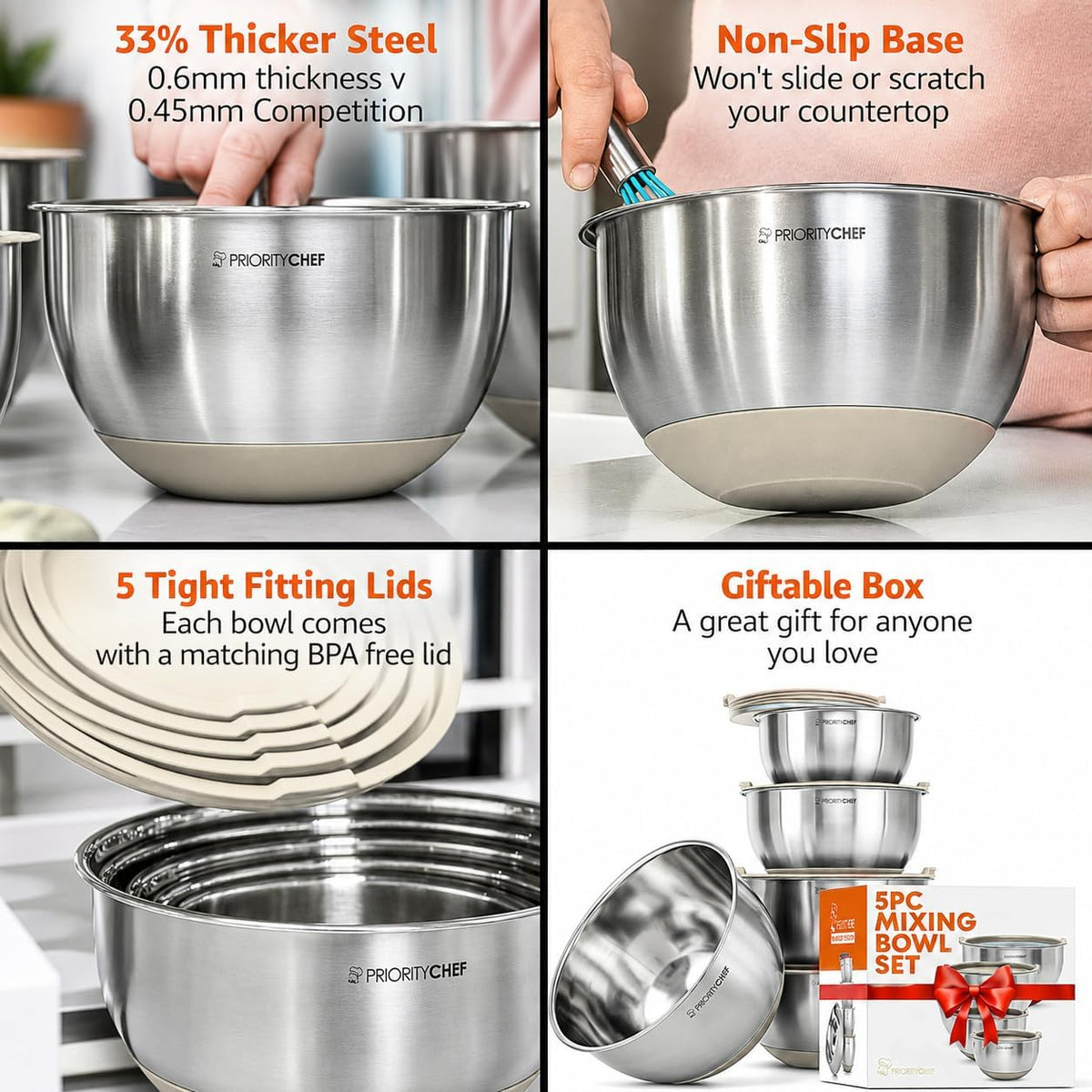 Premium Mixing Bowls With Lids Set, Airtight Lids, Thicker Stainless Steel, Non-Slip Base, 5 Nesting Steel Bowls for Kitchen, Large Prep Metal Bowl Set 1.5/2/3/4/5 Qt, Black