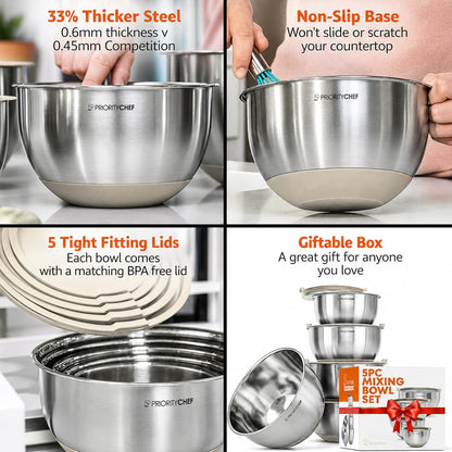 Premium Mixing Bowls With Lids Set, Airtight Lids, Thicker Stainless Steel, Non-Slip Base, 5 Nesting Steel Bowls for Kitchen, Large Prep Metal Bowl Set 1.5/2/3/4/5 Qt, Black