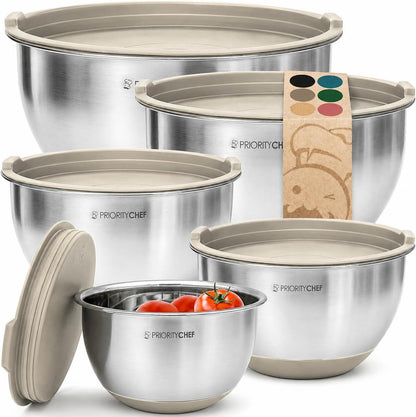 Premium Mixing Bowls With Lids Set, Airtight Lids, Thicker Stainless Steel, Non-Slip Base, 5 Nesting Steel Bowls for Kitchen, Large Prep Metal Bowl Set 1.5/2/3/4/5 Qt, Black