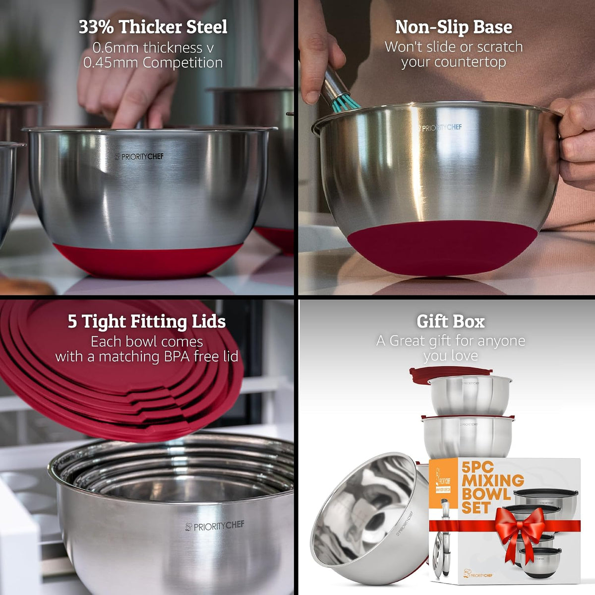 Premium Mixing Bowls With Lids Set, Airtight Lids, Thicker Stainless Steel, Non-Slip Base, 5 Nesting Steel Bowls for Kitchen, Large Prep Metal Bowl Set 1.5/2/3/4/5 Qt, Black