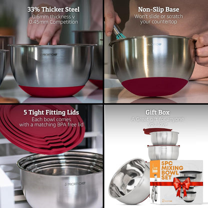Premium Mixing Bowls With Lids Set, Airtight Lids, Thicker Stainless Steel, Non-Slip Base, 5 Nesting Steel Bowls for Kitchen, Large Prep Metal Bowl Set 1.5/2/3/4/5 Qt, Black