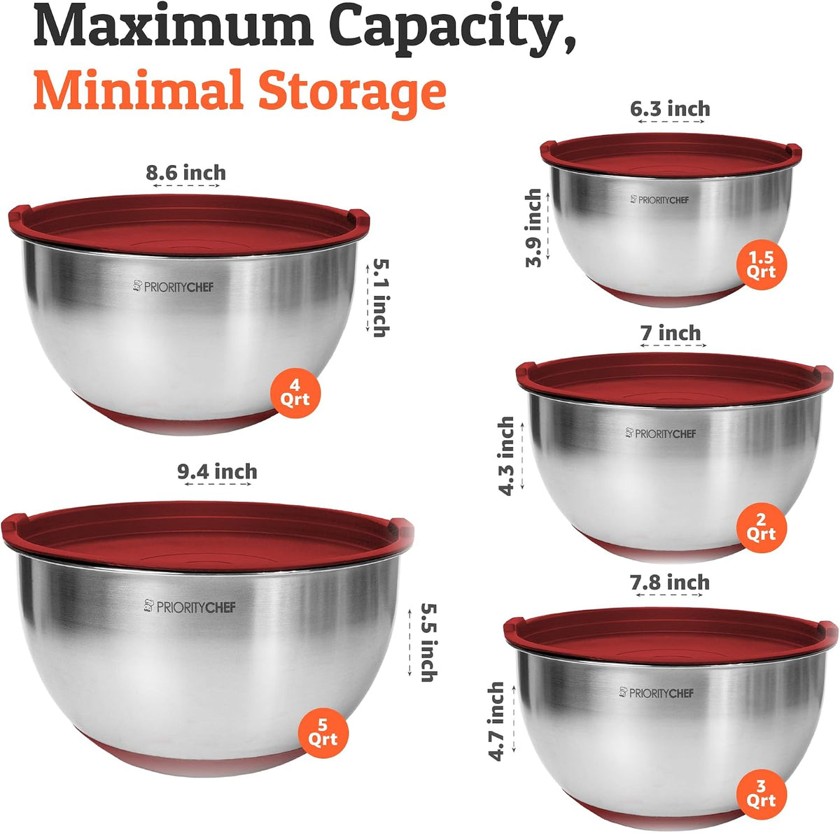 Premium Mixing Bowls With Lids Set, Airtight Lids, Thicker Stainless Steel, Non-Slip Base, 5 Nesting Steel Bowls for Kitchen, Large Prep Metal Bowl Set 1.5/2/3/4/5 Qt, Black