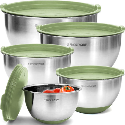 Premium Mixing Bowls With Lids Set, Airtight Lids, Thicker Stainless Steel, Non-Slip Base, 5 Nesting Steel Bowls for Kitchen, Large Prep Metal Bowl Set 1.5/2/3/4/5 Qt, Black