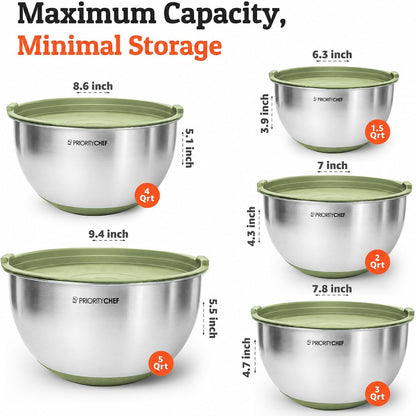 Premium Mixing Bowls With Lids Set, Airtight Lids, Thicker Stainless Steel, Non-Slip Base, 5 Nesting Steel Bowls for Kitchen, Large Prep Metal Bowl Set 1.5/2/3/4/5 Qt, Black
