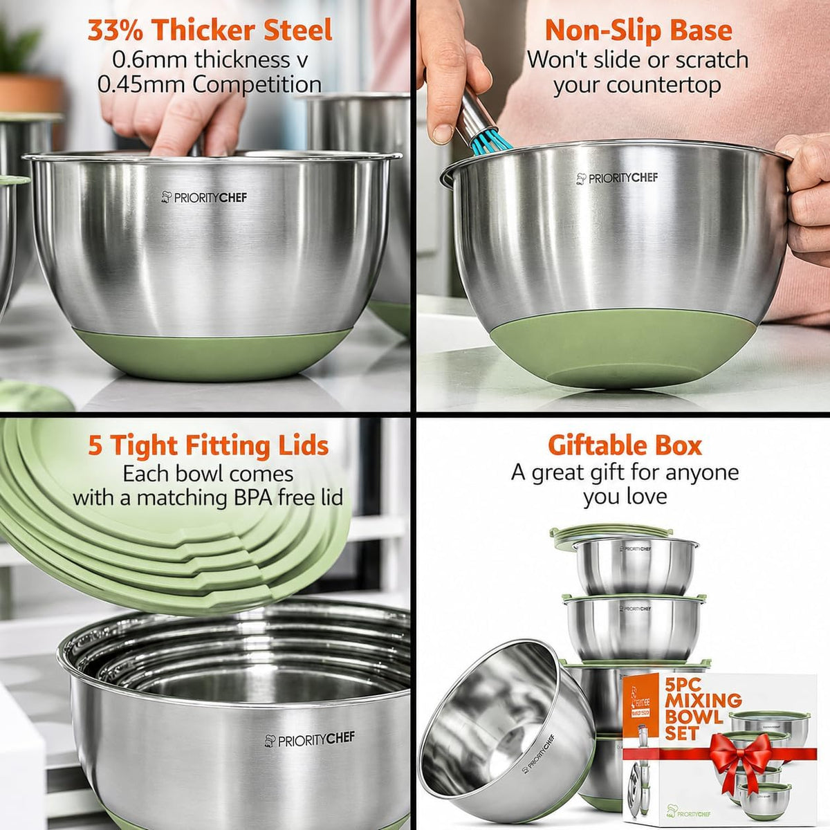 Premium Mixing Bowls With Lids Set, Airtight Lids, Thicker Stainless Steel, Non-Slip Base, 5 Nesting Steel Bowls for Kitchen, Large Prep Metal Bowl Set 1.5/2/3/4/5 Qt, Black