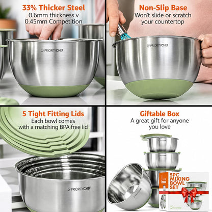 Premium Mixing Bowls With Lids Set, Airtight Lids, Thicker Stainless Steel, Non-Slip Base, 5 Nesting Steel Bowls for Kitchen, Large Prep Metal Bowl Set 1.5/2/3/4/5 Qt, Black