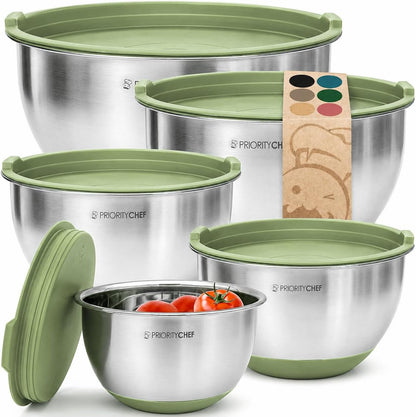 Premium Mixing Bowls With Lids Set, Airtight Lids, Thicker Stainless Steel, Non-Slip Base, 5 Nesting Steel Bowls for Kitchen, Large Prep Metal Bowl Set 1.5/2/3/4/5 Qt, Black