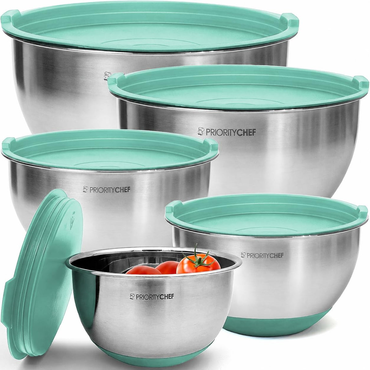 Premium Mixing Bowls With Lids Set, Airtight Lids, Thicker Stainless Steel, Non-Slip Base, 5 Nesting Steel Bowls for Kitchen, Large Prep Metal Bowl Set 1.5/2/3/4/5 Qt, Black