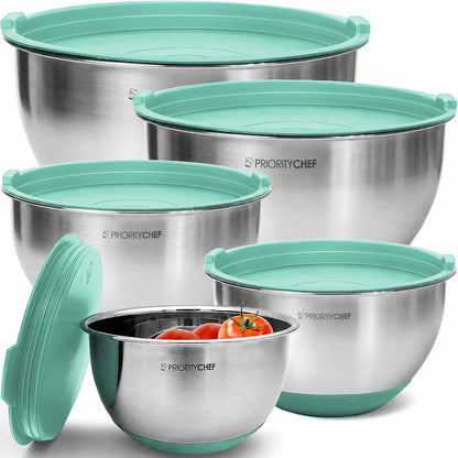Premium Mixing Bowls With Lids Set, Airtight Lids, Thicker Stainless Steel, Non-Slip Base, 5 Nesting Steel Bowls for Kitchen, Large Prep Metal Bowl Set 1.5/2/3/4/5 Qt, Black