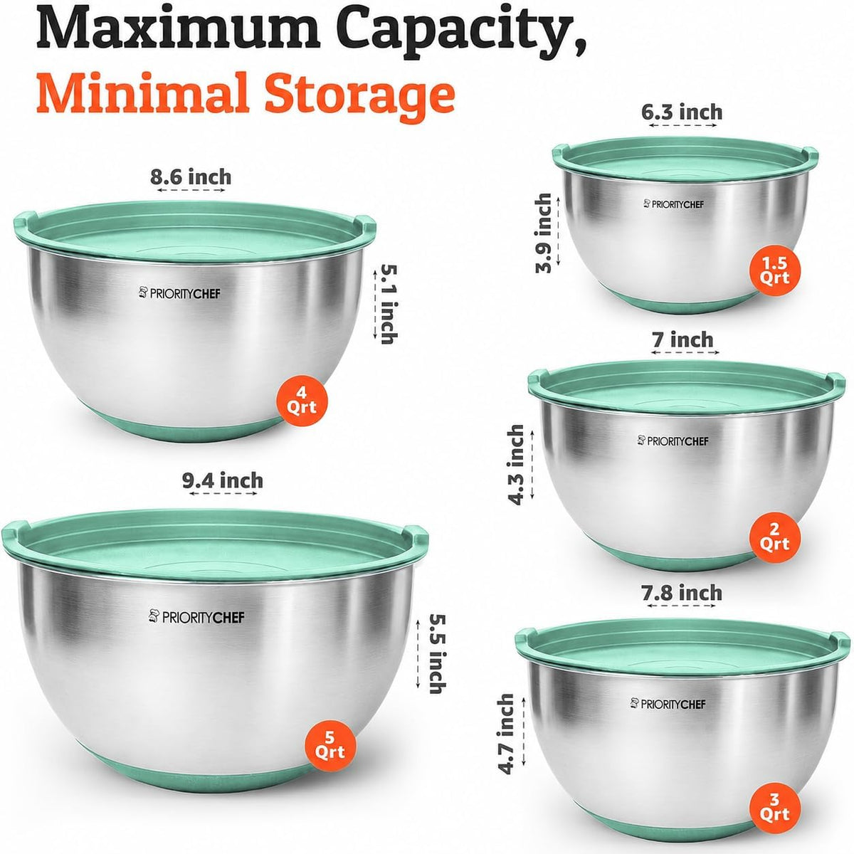 Premium Mixing Bowls With Lids Set, Airtight Lids, Thicker Stainless Steel, Non-Slip Base, 5 Nesting Steel Bowls for Kitchen, Large Prep Metal Bowl Set 1.5/2/3/4/5 Qt, Black