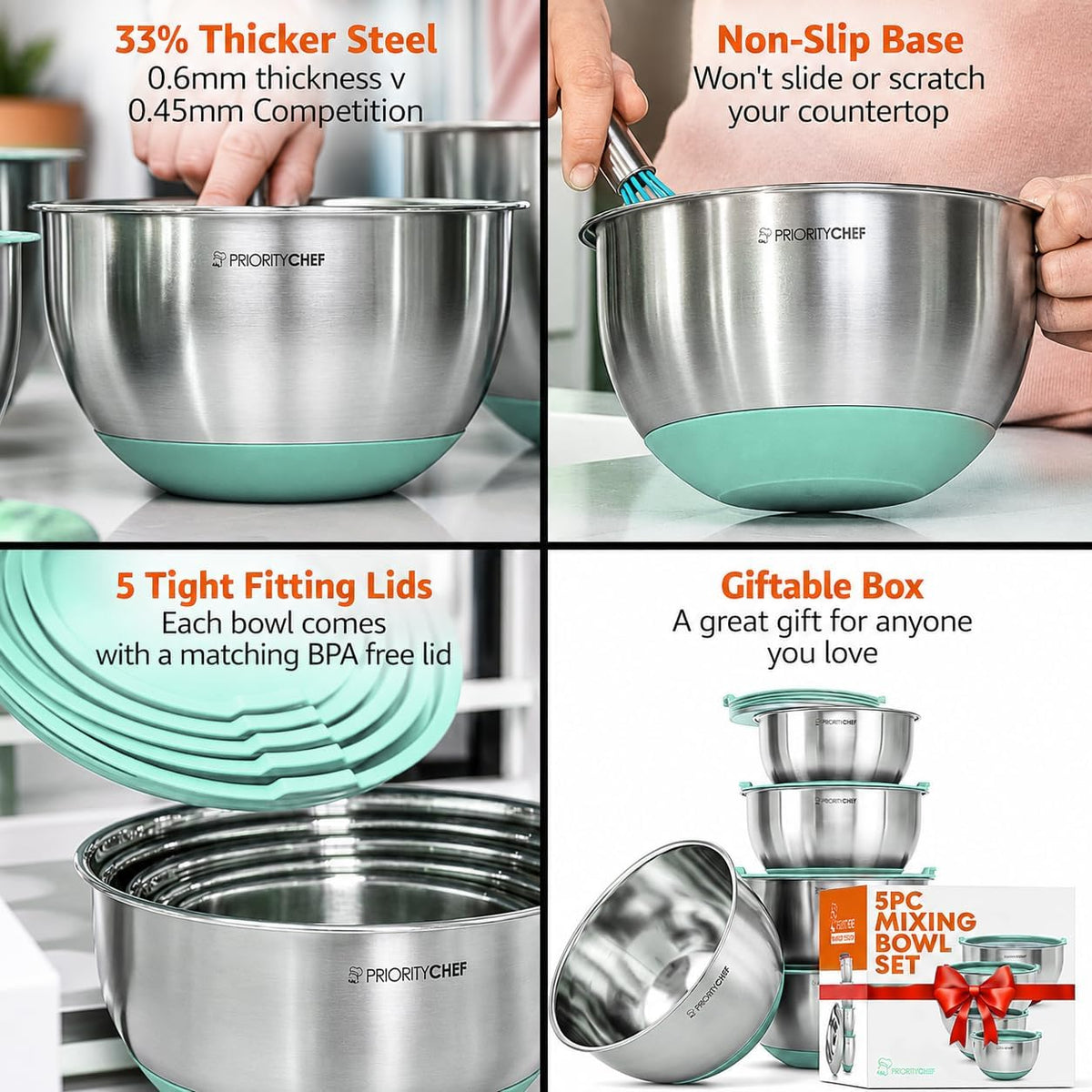 Premium Mixing Bowls With Lids Set, Airtight Lids, Thicker Stainless Steel, Non-Slip Base, 5 Nesting Steel Bowls for Kitchen, Large Prep Metal Bowl Set 1.5/2/3/4/5 Qt, Black