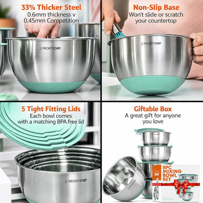 Premium Mixing Bowls With Lids Set, Airtight Lids, Thicker Stainless Steel, Non-Slip Base, 5 Nesting Steel Bowls for Kitchen, Large Prep Metal Bowl Set 1.5/2/3/4/5 Qt, Black