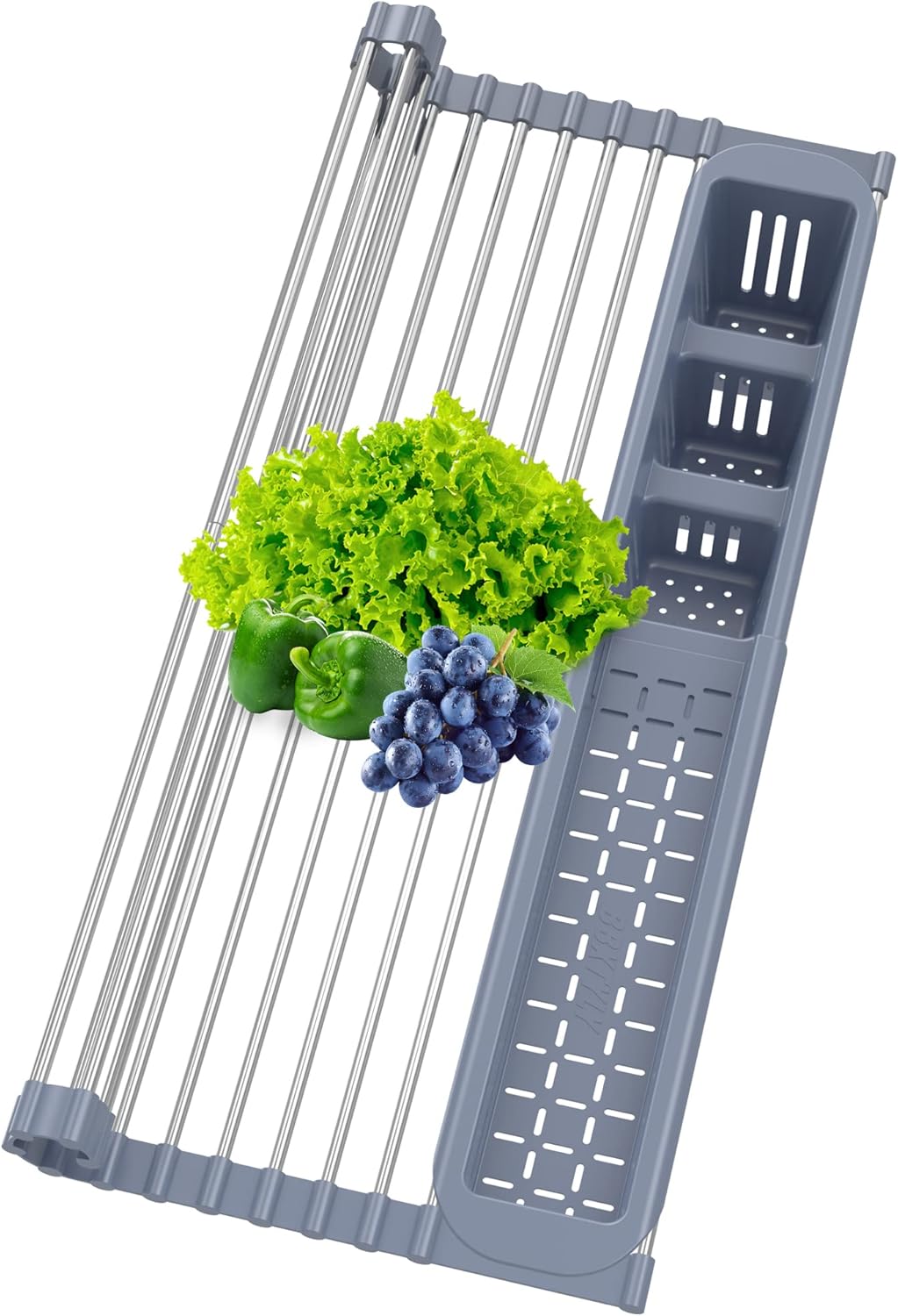 Black Expandable Roll Up Dish Drying Rack Up to 22.8''with 2 Storage Baskets,Over The Sink Kitchen Rolling up Dish Drainer Drying Rack , Foldable,Rollable,for Kitchen Dishes(Expandable Width Size)