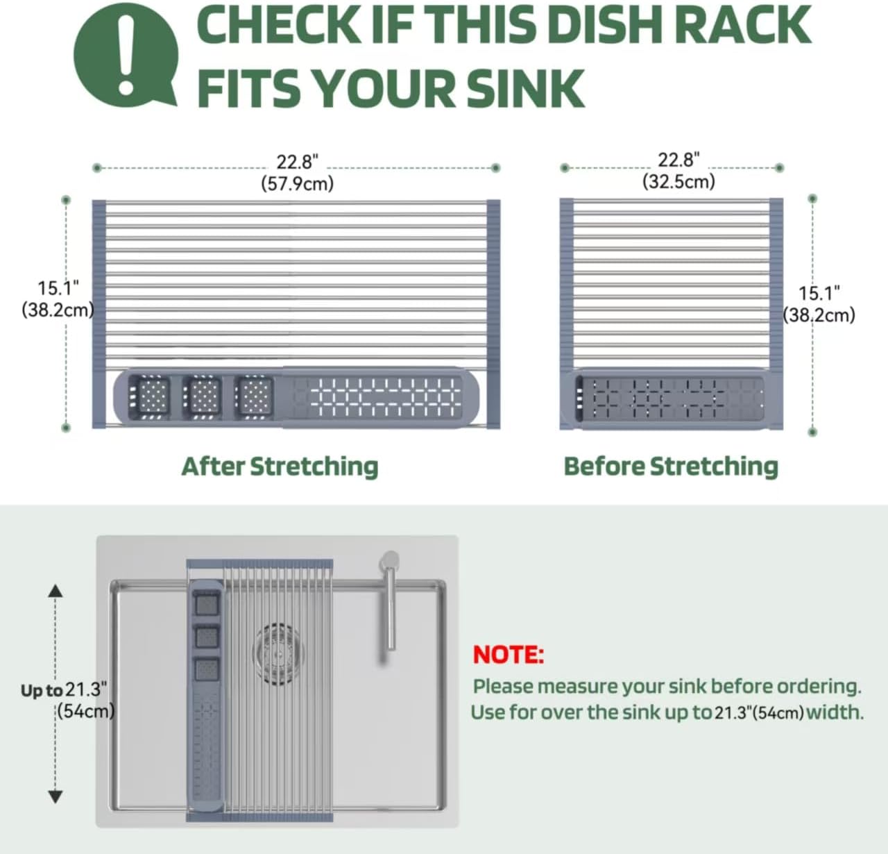 Black Expandable Roll Up Dish Drying Rack Up to 22.8''with 2 Storage Baskets,Over The Sink Kitchen Rolling up Dish Drainer Drying Rack , Foldable,Rollable,for Kitchen Dishes(Expandable Width Size)