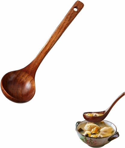10" Premium Wooden Spoon for Cooking, Natural Teak - Non Drip, Heat Resistant & Comfort Grip, Handmade Smooth Wood Soup Spoon for Stirring, Serving, Non Stick Pots/Hot Soups and Broths