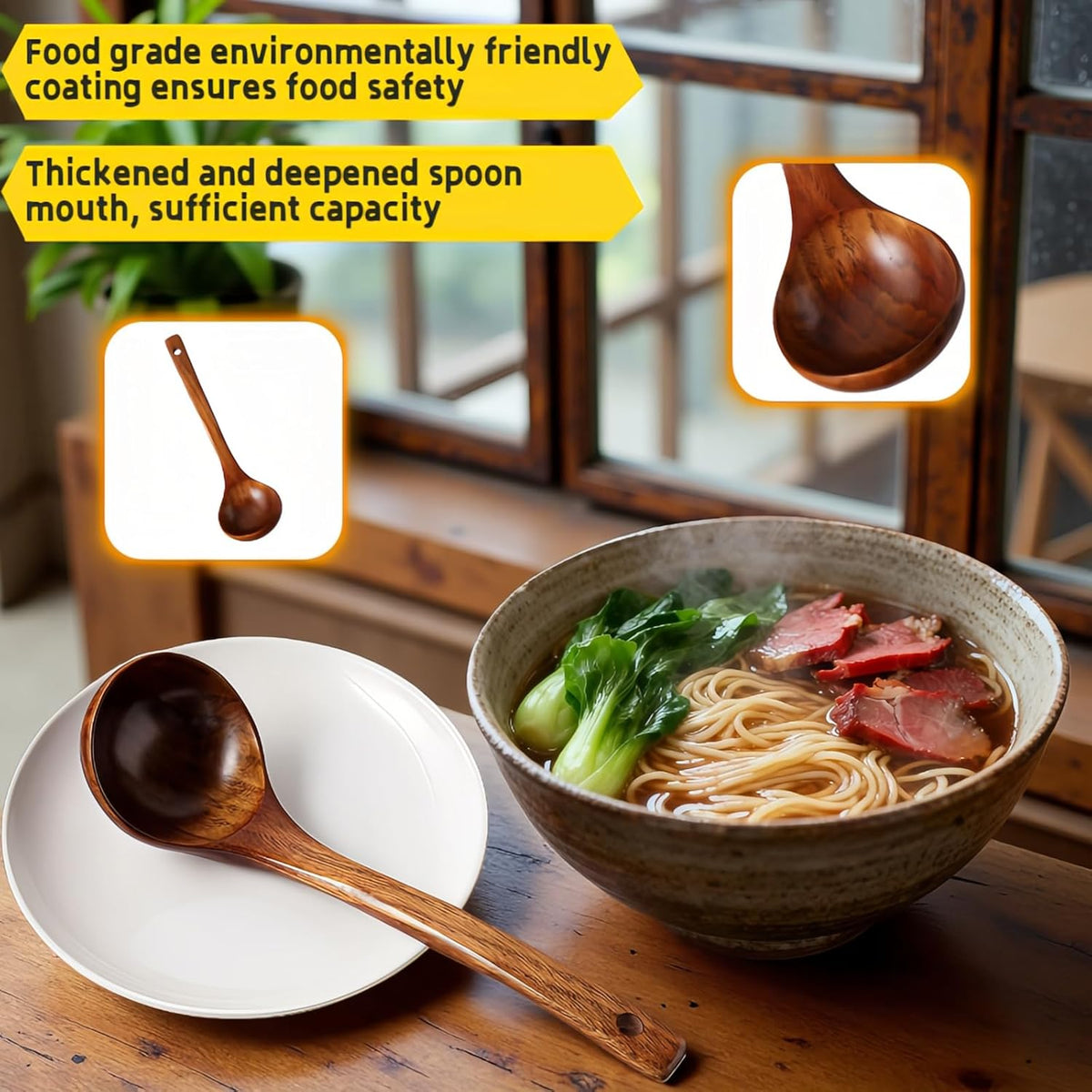 10" Premium Wooden Spoon for Cooking, Natural Teak - Non Drip, Heat Resistant & Comfort Grip, Handmade Smooth Wood Soup Spoon for Stirring, Serving, Non Stick Pots/Hot Soups and Broths