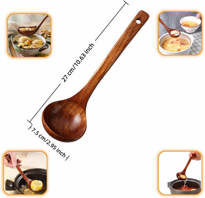 10" Premium Wooden Spoon for Cooking, Natural Teak - Non Drip, Heat Resistant & Comfort Grip, Handmade Smooth Wood Soup Spoon for Stirring, Serving, Non Stick Pots/Hot Soups and Broths