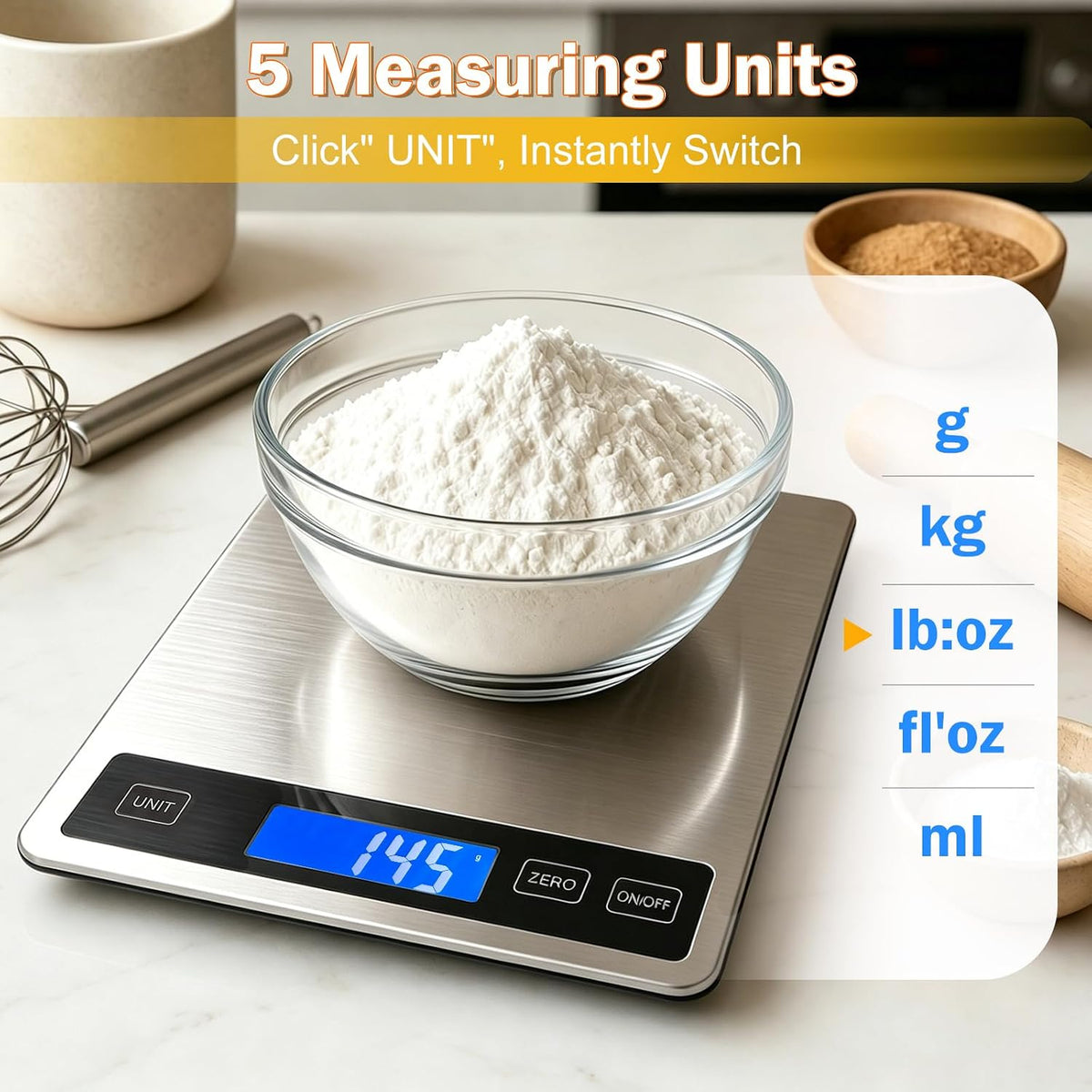 33lb Food Scale, Digital Kitchen Scale Batteries and USB Charging,1g/0.05oz Precise Graduation, Waterproof Stainless Steel with LCD Display Weight Grams and oz for Cooking Baking (Stainless Steel)